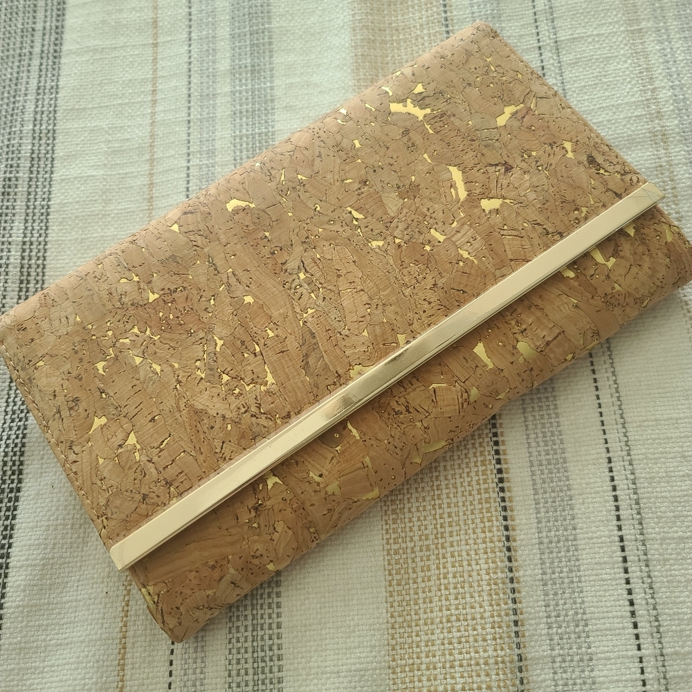 Natural Cork and Gold clutch with removable gold chain shoulder strap